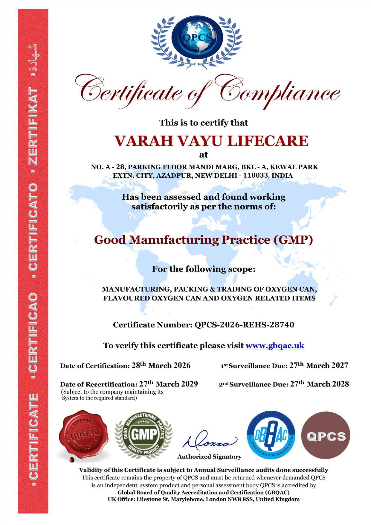 Good Manufacturing Practice Certificate